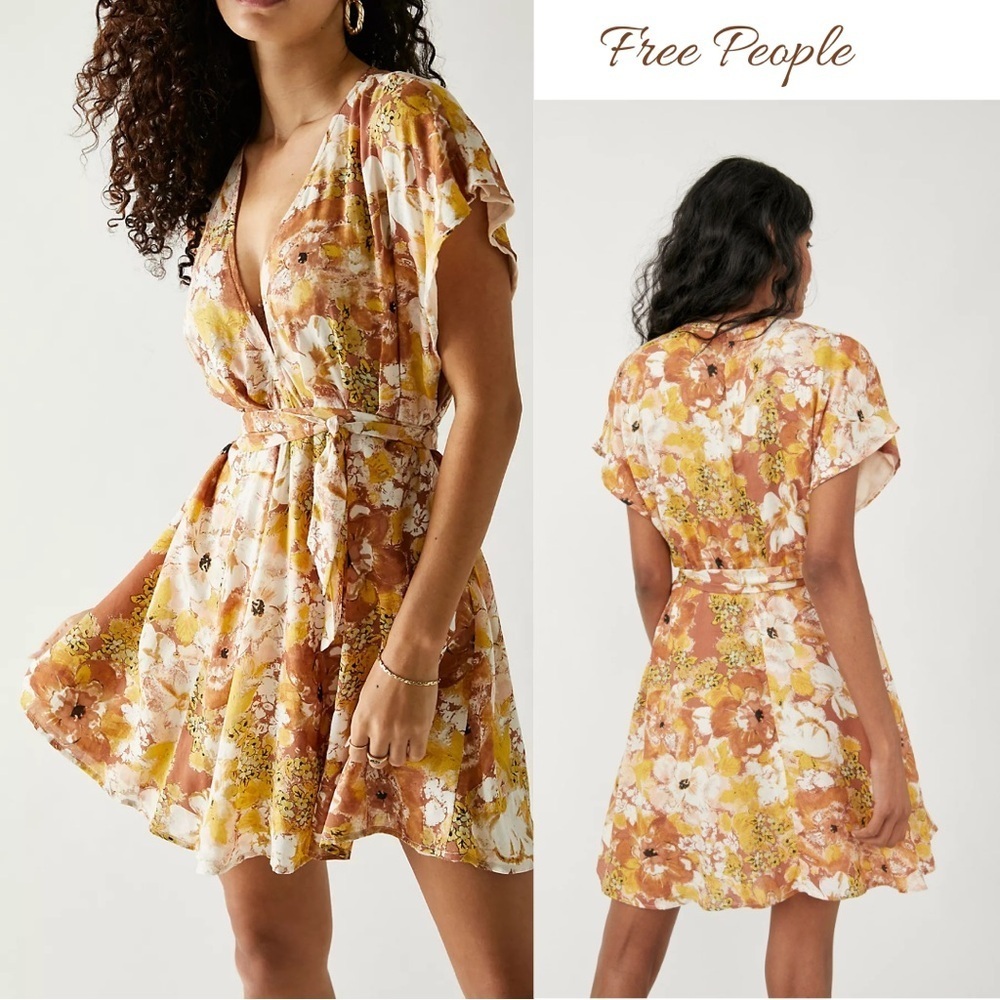 Free People‎ Floral Mini Dress Belted Deep V Neck XS Boho Fall Color